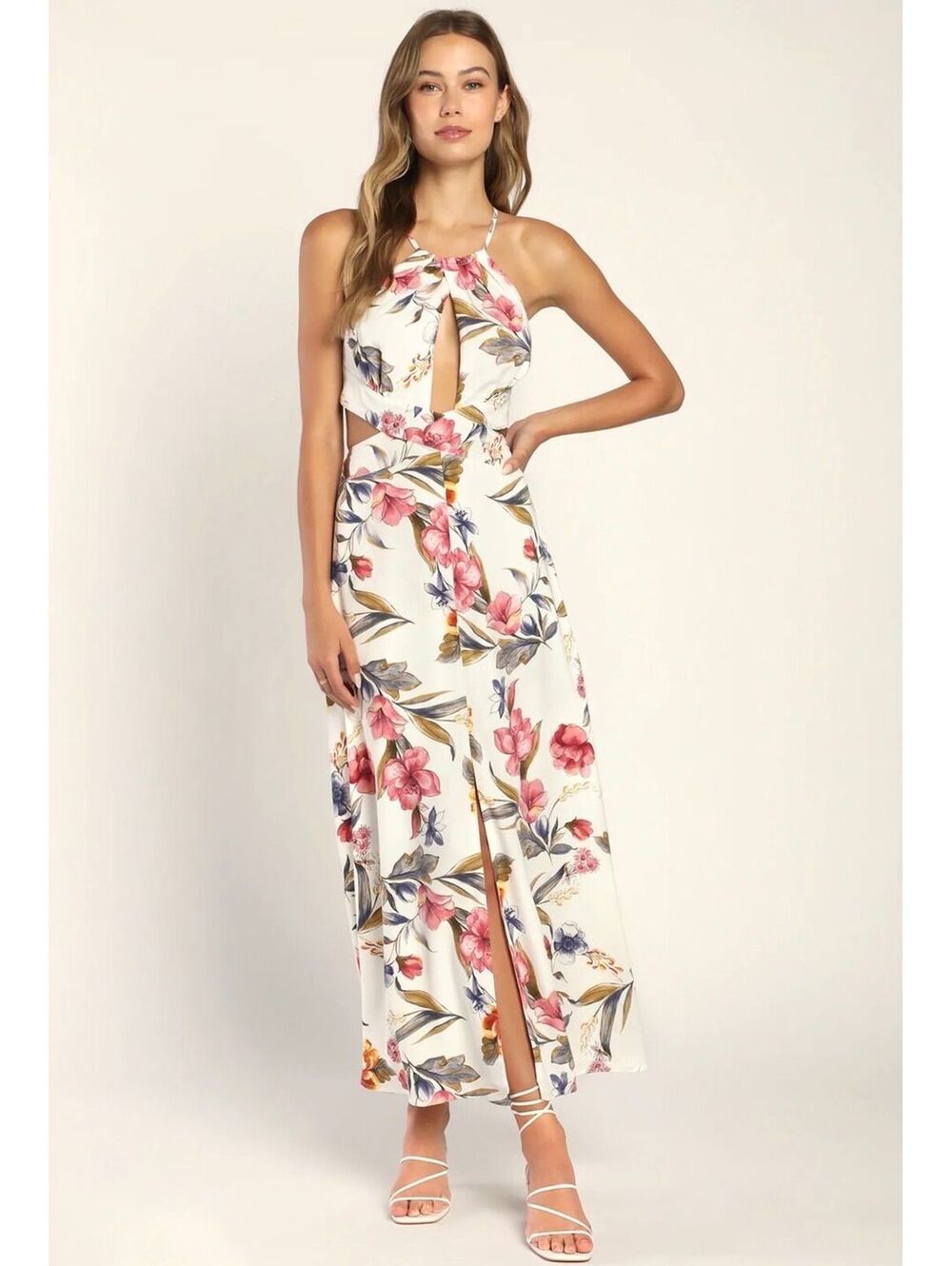 EUC Lulus Women’s L Ivory Keyhole White Floral Dress Backless cottagecore whimsy